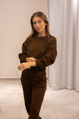 Kahverengi Ribanalı Triko Takım