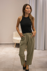 Haki Yüksek Bel Pensli Pantolon